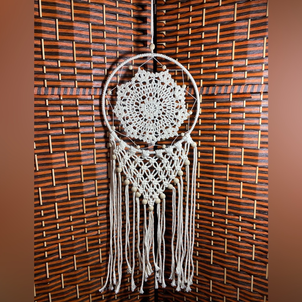 Boho Macrame Dream Catcher Wall Hanging Crochet Doily Wood Beads 32”